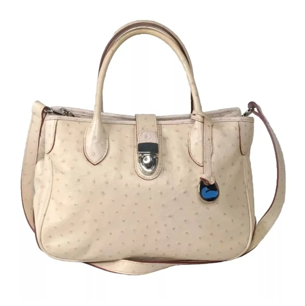 Dooney & Bourke Butter Yellow Ostrich-Embossed Satchel with lilac dots